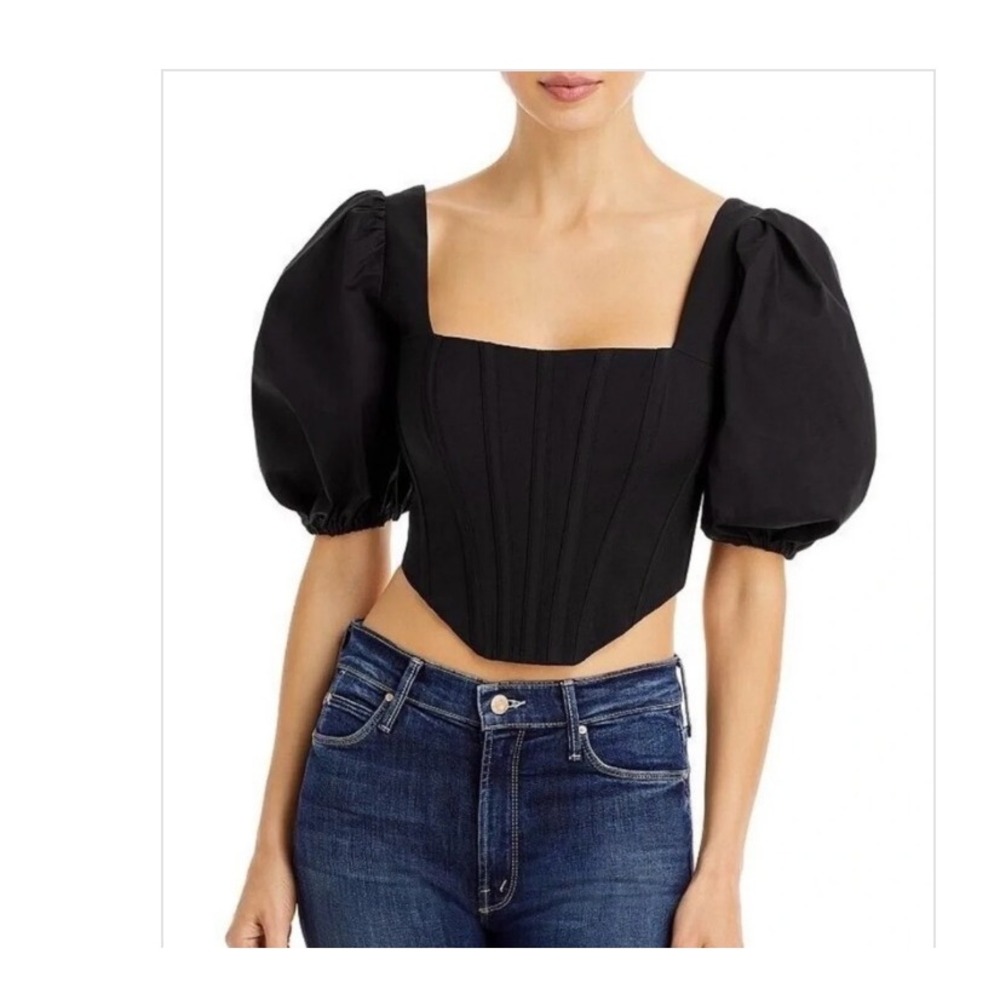 Bardot Black Corset Puff Sleeve Crop Top Square Neck Boned Bodice XS Romantic